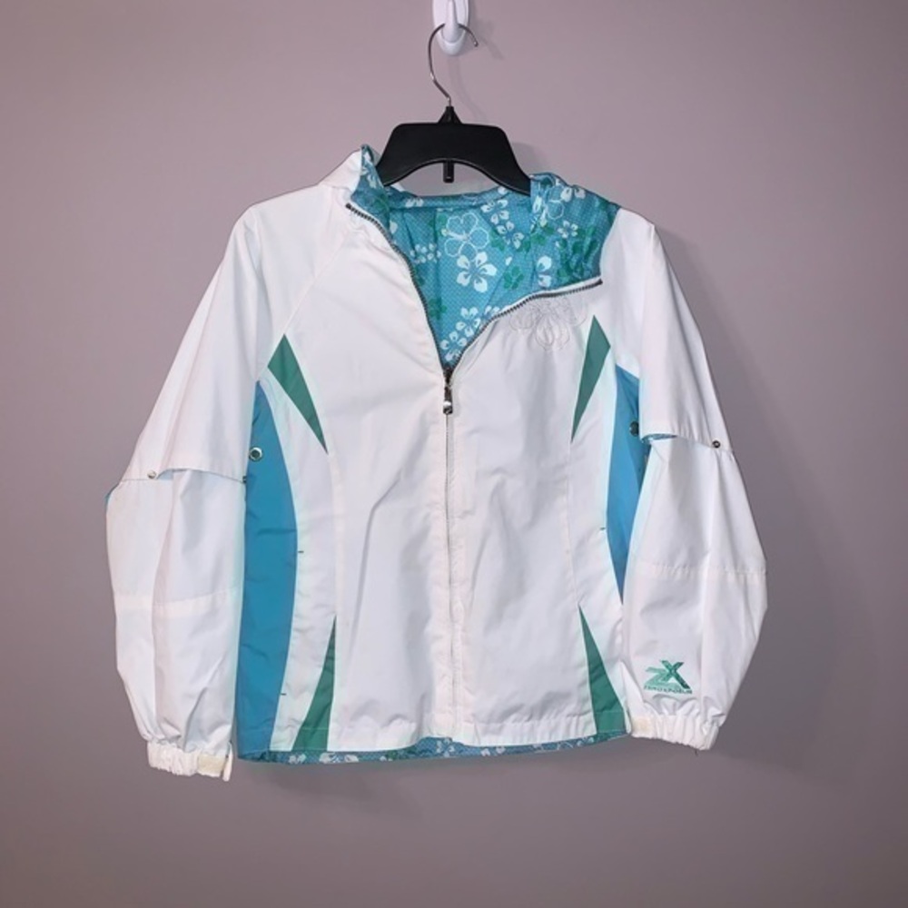 White blue green and flower embroidered kids spring coat size 10/12 M zeroXposur